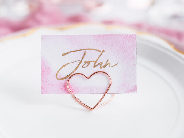 Hochzeitsdeko Metall-Kartenhalter Herzform Rose Gold Farbe: 10 Stück.