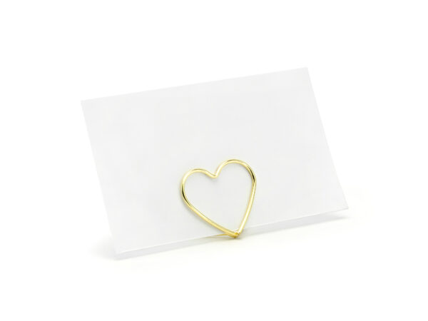 Hochzeitsdeko Metall-Kartenhalter Herzform Gold Farbe: 10 Stück.