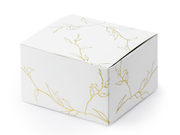 Beutel und Schachteln Quadratische Pappschachtel in weißer Farbe mit goldenen Zweigen: 10 Stück.