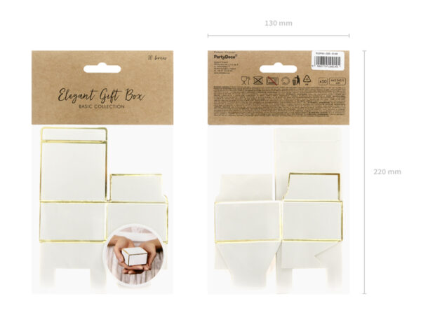 Beutel und Schachteln Quadratische Pappschachtel mit weißer Farbe und goldenen Rändern: 10 Stück