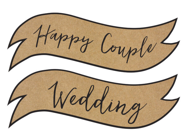 Freie Trauung Deko Hochzeitsschilder aus Kraftpapier mit schwarzer Umrandung: "Happy Couple" und "Wedding".