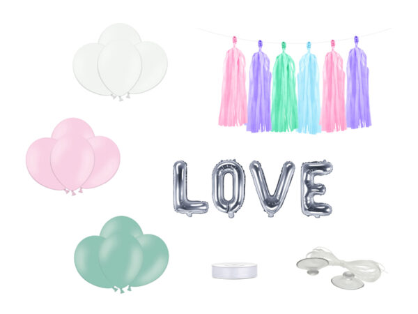 Autoschmuck Hochzeit Wedding Car Kit Silber und Pastellfarben: "Love" Folienhochzeitsballons, bunte Hochzeitsballons und Girlande