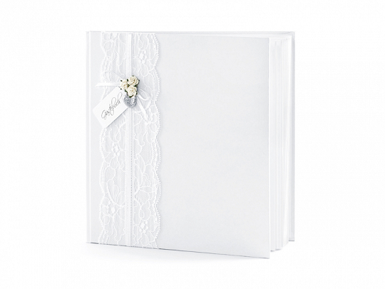 Babyshower Weißes Signierbuch mit Spitzenband, weißen Rosen, Herz und Karte