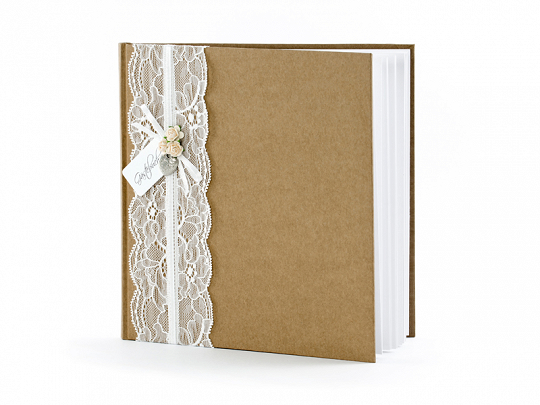 Gästebuch Hochzeit Braunes Signierbuch mit Spitzenband, weißen Rosen, Herz und Karte