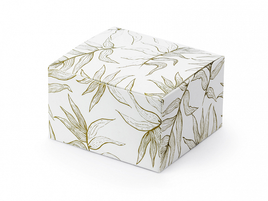 Beutel und Schachteln Quadratische Pappschachtel in weißer Farbe mit goldenen Blättern: 10 Stück.