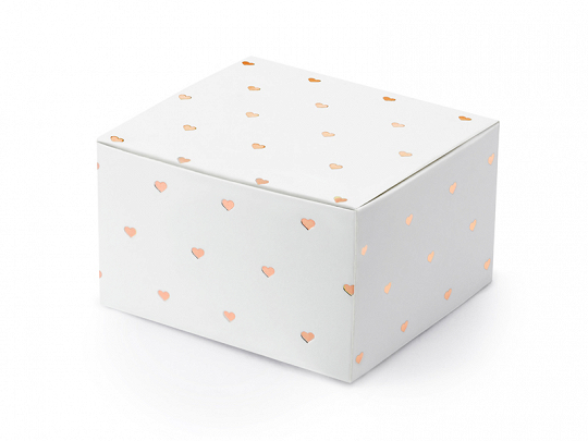 Beutel und Schachteln Quadratische Pappschachtel in Weiß und Rose Gold Herzen: 10 Stück.