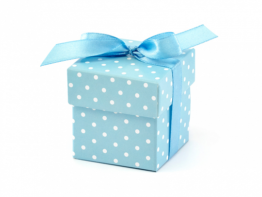 Babyshower Quadratische Pappschachtel mit weißen Tupfen und blauem Hintergrund mit Deckel: 10 Stk.