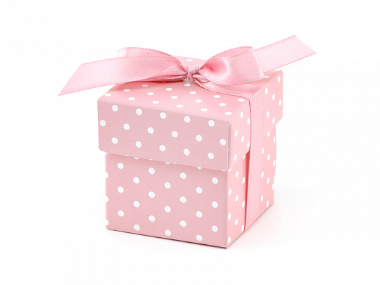 Babyshower Quadratische Pappschachtel mit weißen Tupfen und rosa Hintergrund mit Deckel: 10 Stück